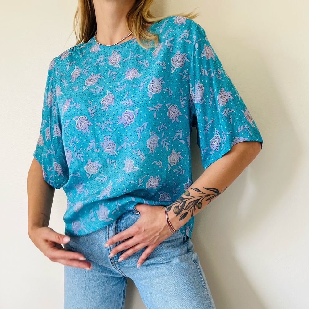 Vintage royal silk turquoise floral print polka dot blouse top - Picture 5 of 10